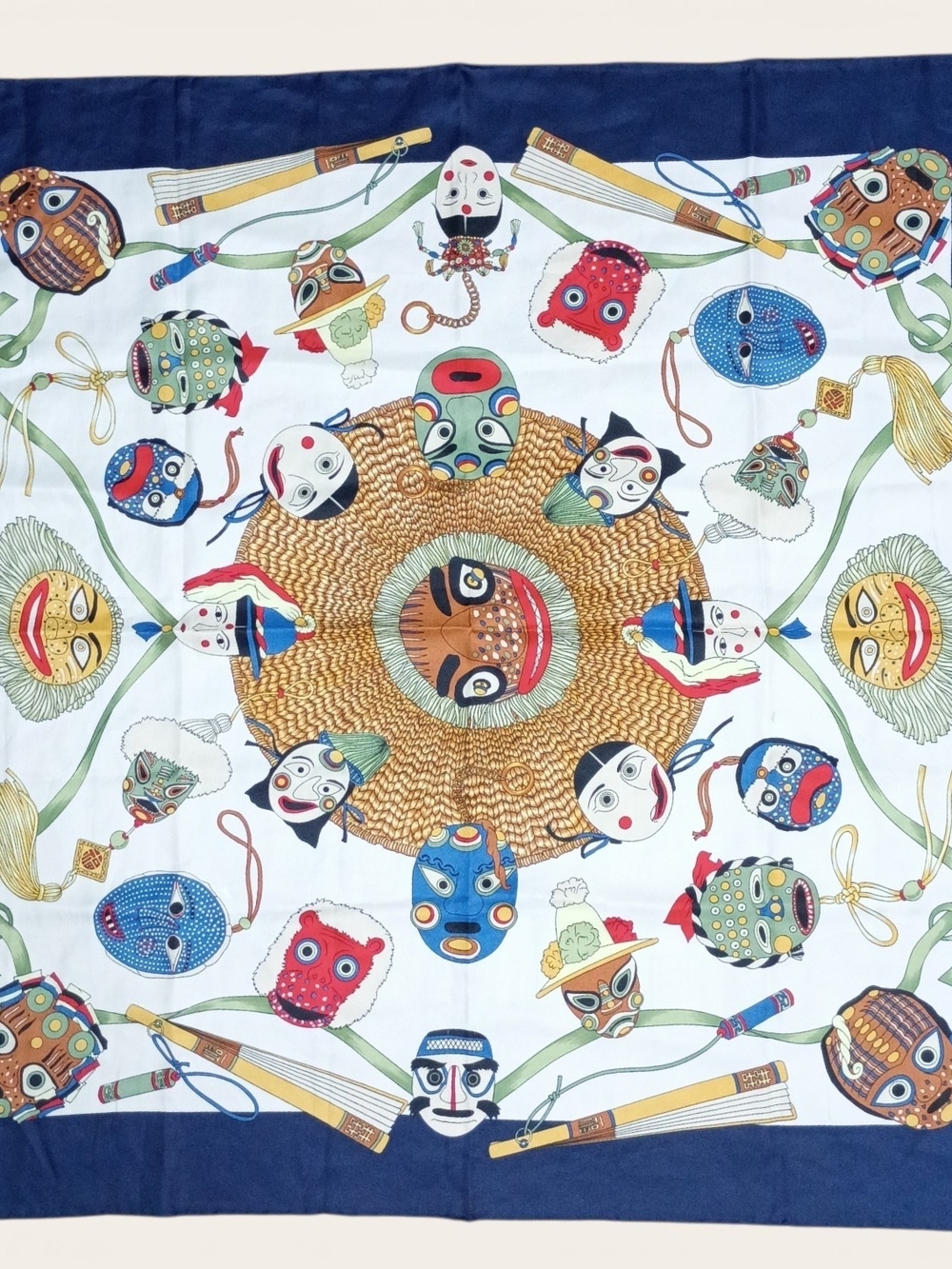 Colorful Mask Print Silk Scarf - Navy Border Made In Italy
